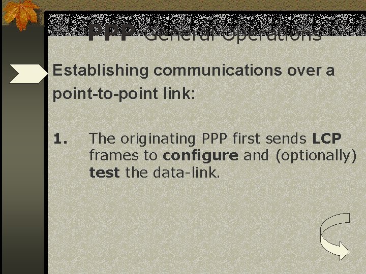 PPP General Operations Establishing communications over a point-to-point link: 1. The originating PPP first