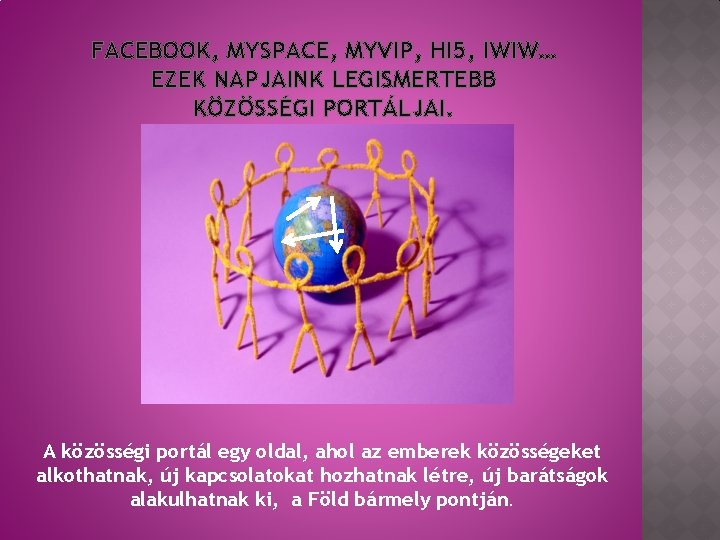 FACEBOOK, MYSPACE, MYVIP, HI 5, IWIW… EZEK NAPJAINK LEGISMERTEBB KÖZÖSSÉGI PORTÁLJAI. A közösségi portál FACEBOOK, MYSPACE, MYVIP, HI 5, IWIW… EZEK NAPJAINK LEGISMERTEBB KÖZÖSSÉGI PORTÁLJAI. A közösségi portál