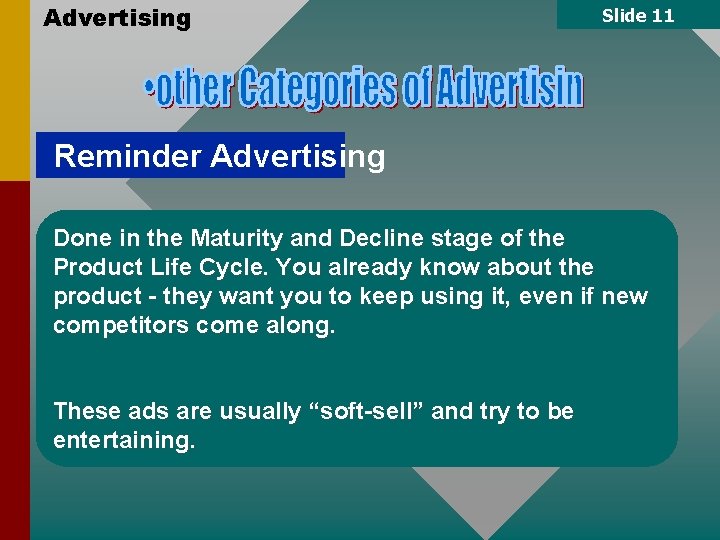 Advertising Slide 11 Reminder Advertising Done in the Maturity and Decline stage of the