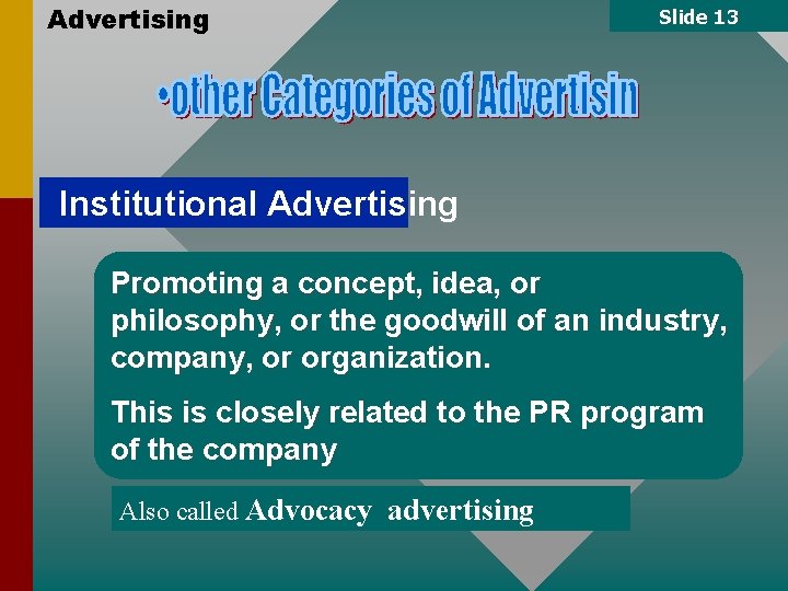 Advertising Slide 13 Institutional Advertising Promoting a concept, idea, or philosophy, or the goodwill