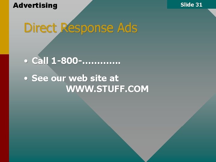 Advertising Direct Response Ads • Call 1 -800 -…………. • See our web site