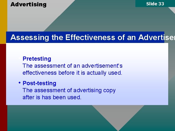 Advertising Slide 33 Assessing the Effectiveness of an Advertisem • Pretesting The assessment of