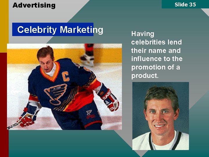 Advertising Celebrity Marketing Slide 35 Having celebrities lend their name and influence to the