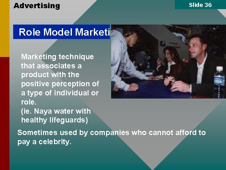 Advertising Slide 36 Role Model Marketing technique that associates a product with the positive