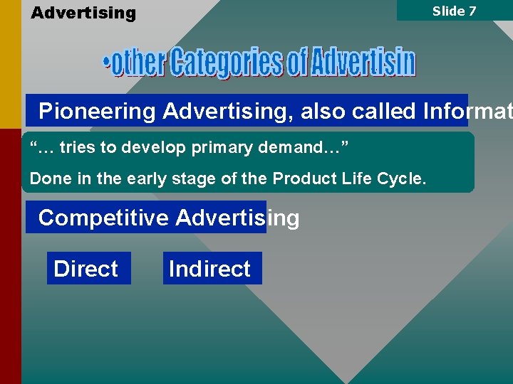 Advertising Slide 7 Pioneering Advertising, also called Informat “… tries to develop primary demand…”
