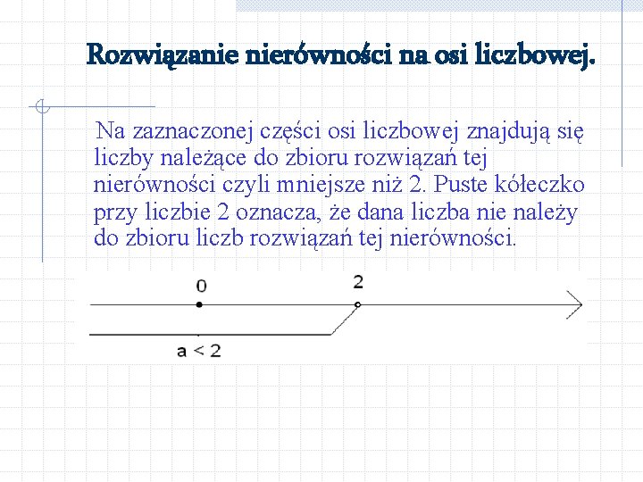 Rozwiązanie nierówności na osi liczbowej. Na zaznaczonej części osi liczbowej znajdują się liczby należące