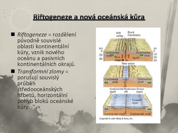 Riftogeneze a nová oceánská kůra n Riftogeneze = rozdělení původně souvislé oblasti kontinentální kůry,