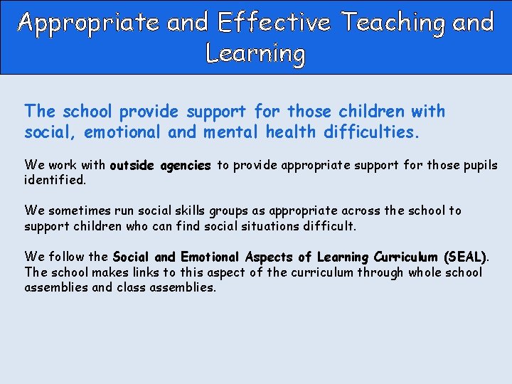 Appropriate and Effective Teaching and Learning The school provide support for those children with