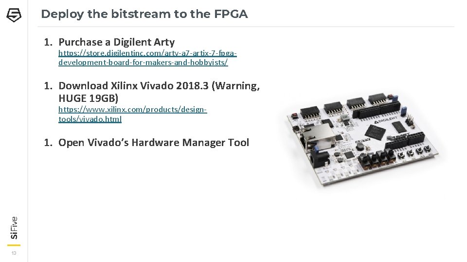 Deploy the bitstream to the FPGA 1. Purchase a Digilent Arty https: //store. digilentinc.
