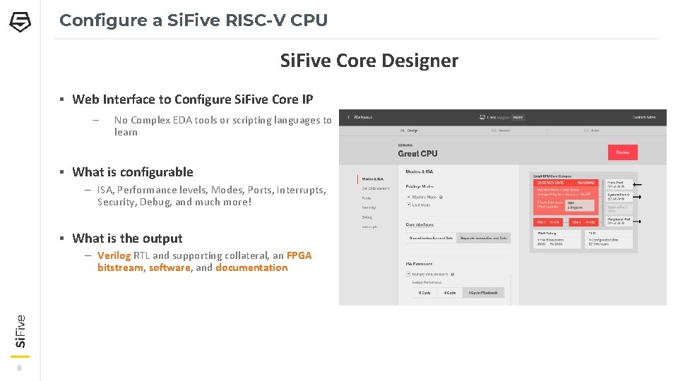 Configure a Si. Five RISC-V CPU Si. Five Core Designer ▪ Web Interface to