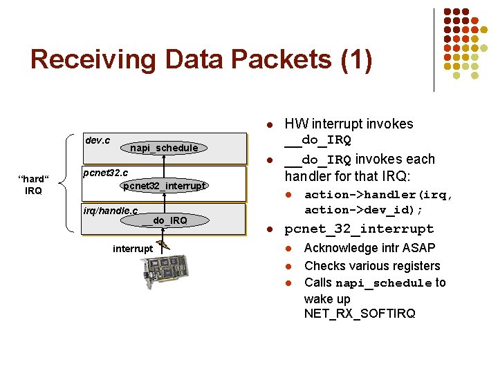 Receiving Data Packets (1) l dev. c napi_schedule l ‘‘hard“ IRQ pcnet 32. c