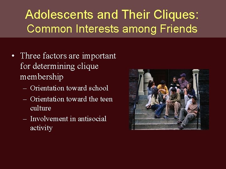 Adolescents and Their Cliques: Common Interests among Friends • Three factors are important for