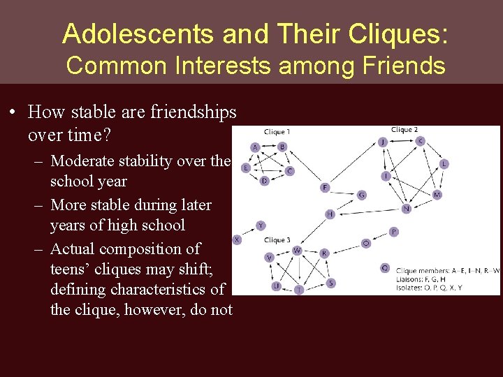 Adolescents and Their Cliques: Common Interests among Friends • How stable are friendships over