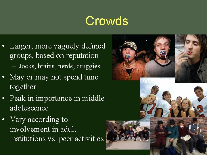 Crowds • Larger, more vaguely defined groups, based on reputation – Jocks, brains, nerds,