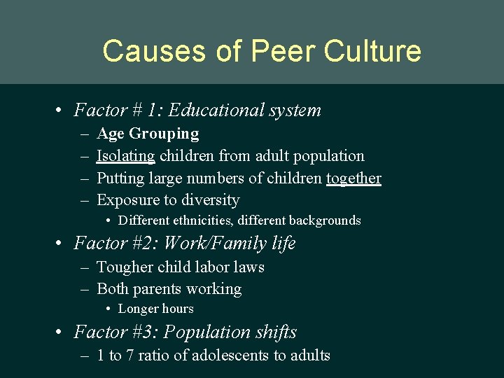 Causes of Peer Culture • Factor # 1: Educational system – – Age Grouping