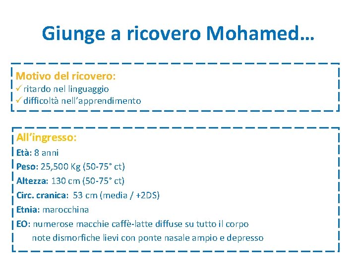 Giunge a ricovero Mohamed… Motivo del ricovero: üritardo nel linguaggio üdifficoltà nell’apprendimento All’ingresso: Età: Giunge a ricovero Mohamed… Motivo del ricovero: üritardo nel linguaggio üdifficoltà nell’apprendimento All’ingresso: Età: