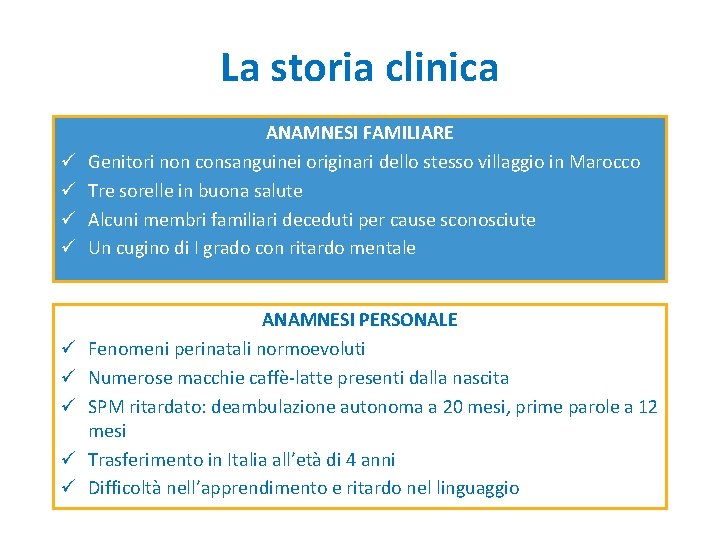 La storia clinica ü ü ü ü ü ANAMNESI FAMILIARE Genitori non consanguinei originari La storia clinica ü ü ü ü ü ANAMNESI FAMILIARE Genitori non consanguinei originari