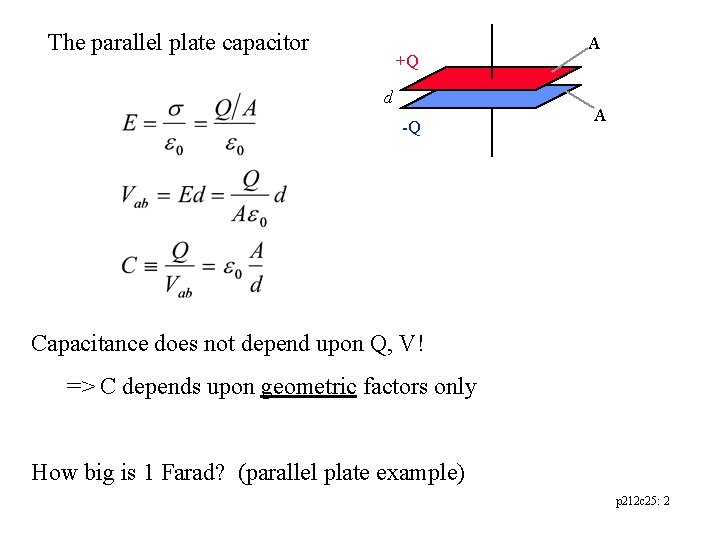 The parallel plate capacitor +Q d -Q A A Capacitance does not depend upon