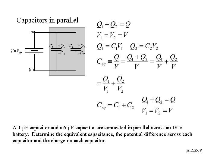 Capacitors in parallel a C 1 V=Vab +Q 1 C 2 +Q 2 -