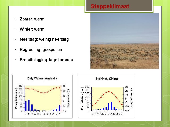 Steppeklimaat • Zomer: warm • Winter: warm • Neerslag: weinig neerslag • Begroeiing: graspollen