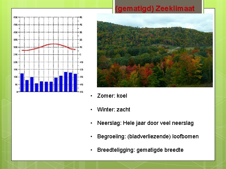 (gematigd) Zeeklimaat • Zomer: koel • Winter: zacht • Neerslag: Hele jaar door veel