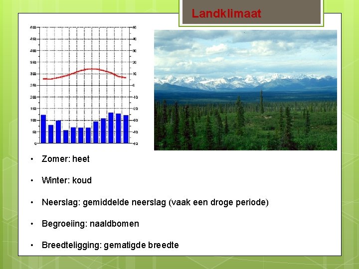 Landklimaat • Zomer: heet • Winter: koud • Neerslag: gemiddelde neerslag (vaak een droge