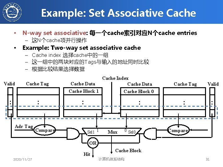Example: Set Associative Cache • N-way set associative: 每一个cache索引对应N个cache entries – 这N个cache项并行操作 • Example:
