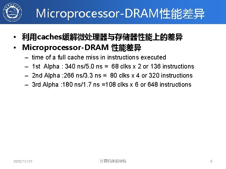 Microprocessor-DRAM性能差异 • 利用caches缓解微处理器与存储器性能上的差异 • Microprocessor-DRAM 性能差异 – – time of a full cache miss