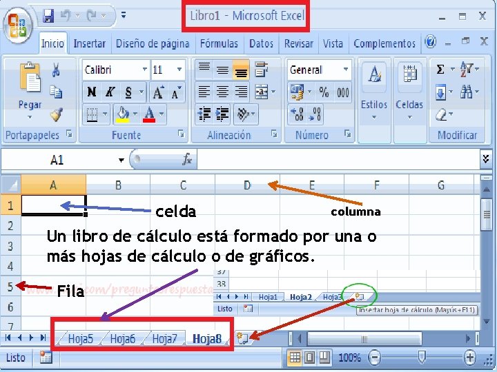 celda columna Un libro de cálculo está formado por una o más hojas de