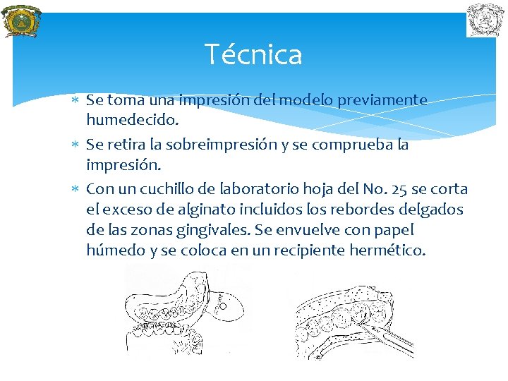 Técnica Se toma una impresión del modelo previamente humedecido. Se retira la sobreimpresión y
