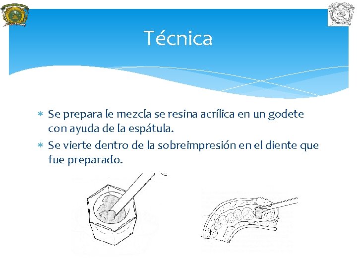 Técnica Se prepara le mezcla se resina acrílica en un godete con ayuda de