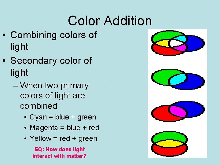 Color Addition • Combining colors of light • Secondary color of light – When Color Addition • Combining colors of light • Secondary color of light – When