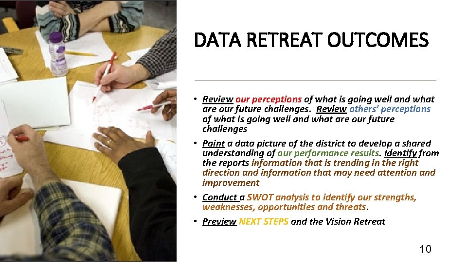 DATA RETREAT OUTCOMES • Review our perceptions of what is going well and what