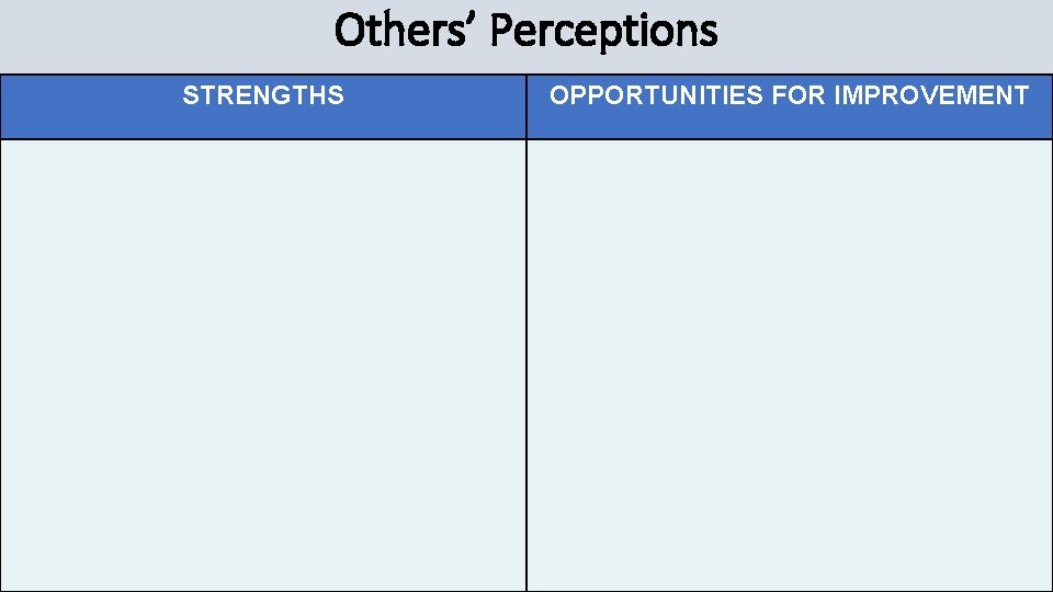 Others’ Perceptions STRENGTHS OPPORTUNITIES FOR IMPROVEMENT 