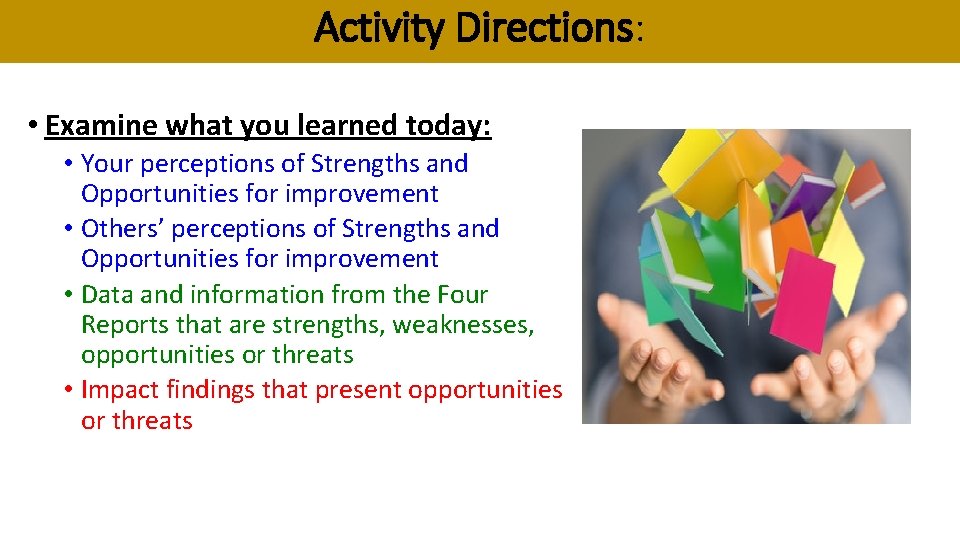 Activity Directions: • Examine what you learned today: • Your perceptions of Strengths and