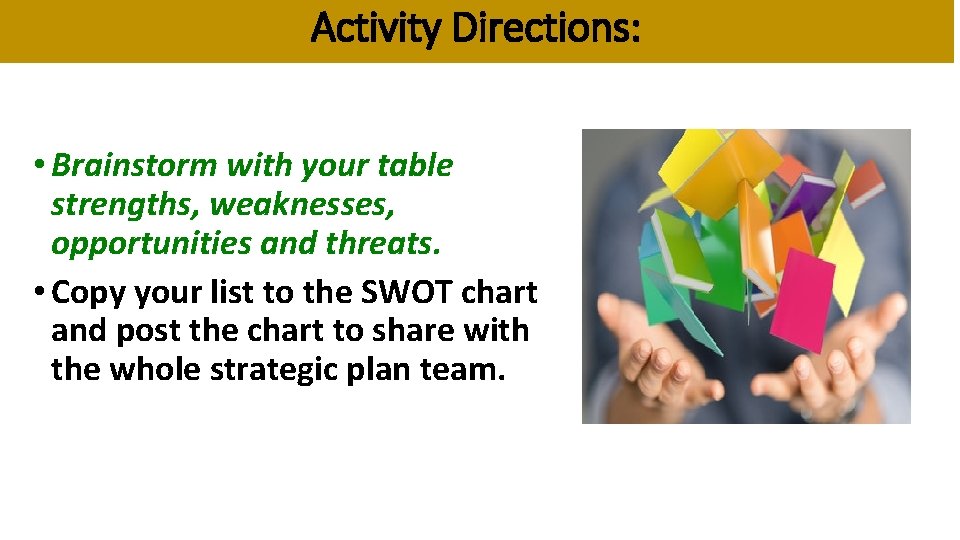 Activity Directions: • Brainstorm with your table strengths, weaknesses, opportunities and threats. • Copy