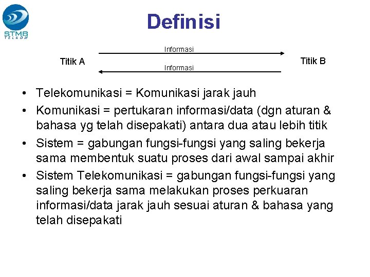 Definisi Informasi Titik A Informasi Titik B • Telekomunikasi = Komunikasi jarak jauh •