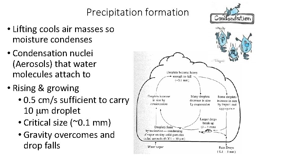Precipitation formation • Lifting cools air masses so moisture condenses • Condensation nuclei (Aerosols)