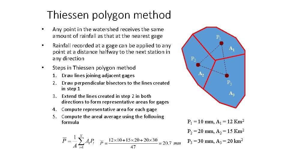 Thiessen polygon method • • • Any point in the watershed receives the same