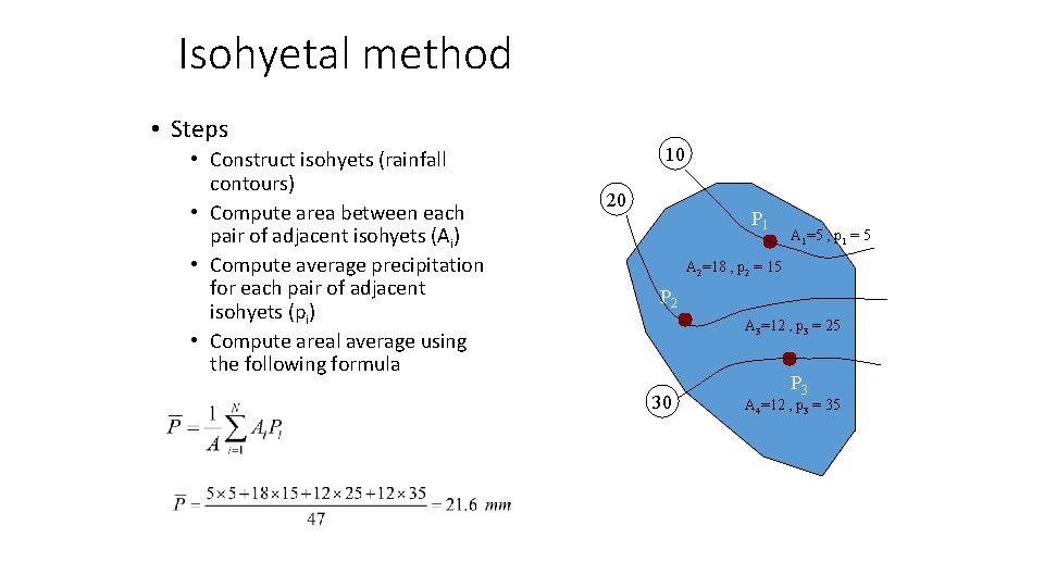 Isohyetal method • Steps • Construct isohyets (rainfall contours) • Compute area between each