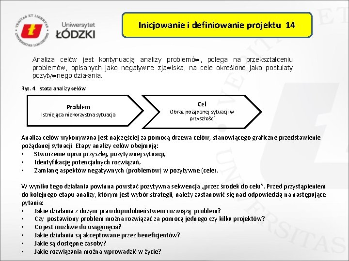 Inicjowanie i definiowanie projektu 14 Analiza celów jest kontynuacją analizy problemów, polega na przekształceniu