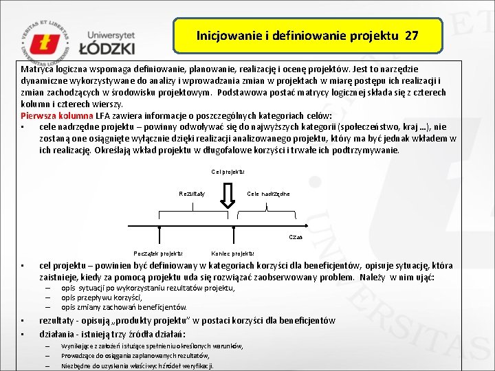 Inicjowanie i definiowanie projektu 27 Matryca logiczna wspomaga definiowanie, planowanie, realizację i ocenę projektów.