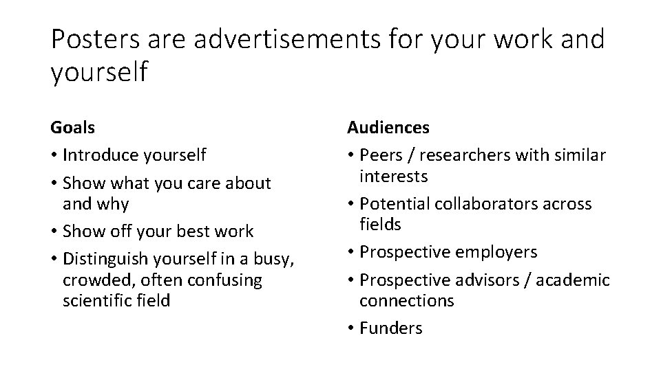 Posters are advertisements for your work and yourself Goals • Introduce yourself • Show