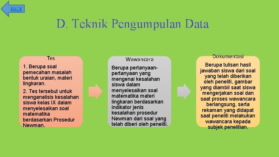 BACK D. Teknik Pengumpulan Data Tes Wawancara 1. Berupa soal pemecahan masalah bentuk uraian,