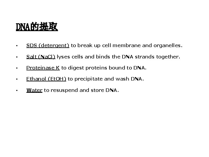 DNA的提取 • SDS (detergent) to break up cell membrane and organelles. • Salt (Na.