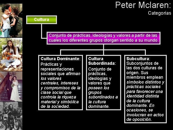 Peter Mclaren: Categorias Cultura Conjunto de prácticas, ideologías y valores a partir de las