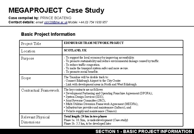 MEGAPROJECT Case Study Case compiled by: PRINCE BOATENG Contact details: email: pb 128@hw. ac.