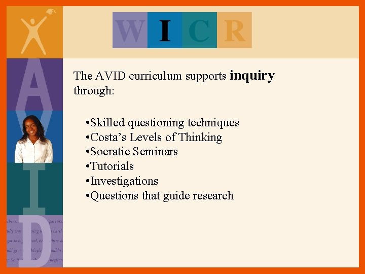The AVID curriculum supports inquiry through: • Skilled questioning techniques • Costa’s Levels of The AVID curriculum supports inquiry through: • Skilled questioning techniques • Costa’s Levels of