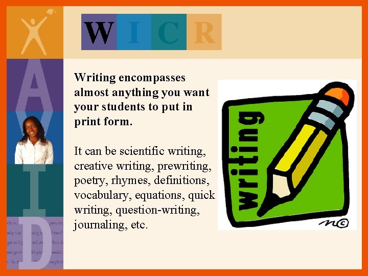 Writing encompasses almost anything you want your students to put in print form. It Writing encompasses almost anything you want your students to put in print form. It
