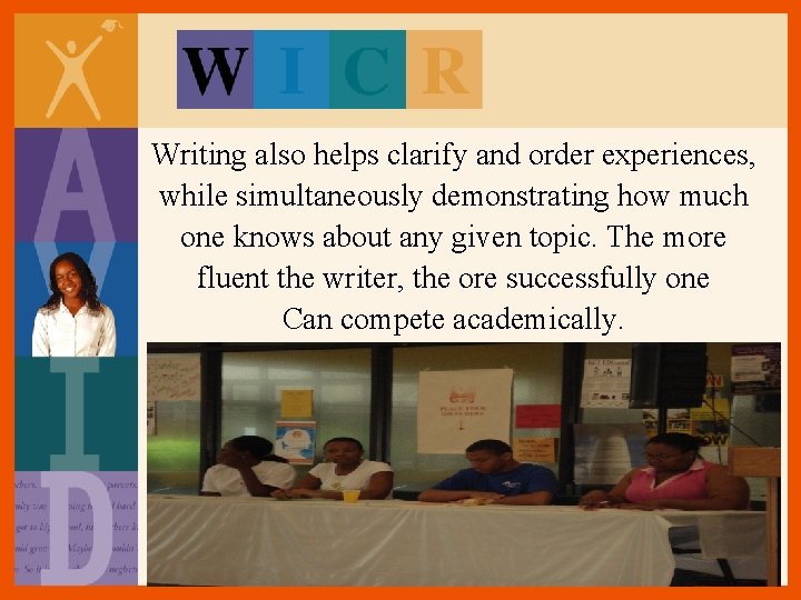 Writing also helps clarify and order experiences, while simultaneously demonstrating how much one knows Writing also helps clarify and order experiences, while simultaneously demonstrating how much one knows